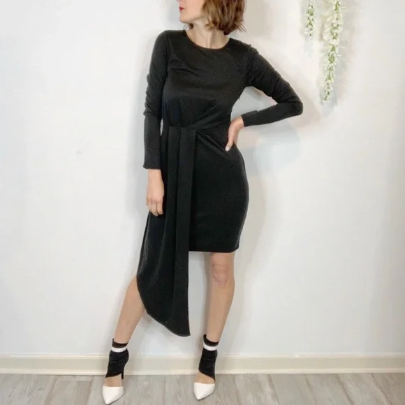 NWT BAR III black long sleeve dress asymmetrical hem draped panel 2087 - Picture 12 of 13